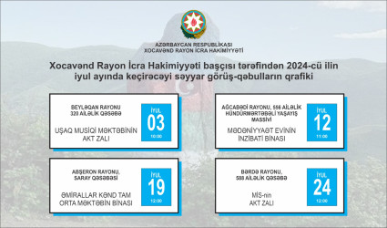 Xocavənd Rayon İcra Hakimiyyəti başçısı tərəfindən 2024-cü ilin iyul ayında rayon sakinləri ilə keçirilməsi nəzərdə tutulmuş səyyar qəbulların qrafiki