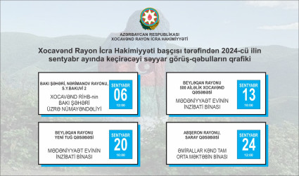 Xocavənd Rayon İcra Hakimiyyəti başçısı tərəfindən 2024-cü ilin sentyabr ayında rayon sakinləri ilə keçirilməsi nəzərdə tutulmuş səyyar qəbulların qrafiki