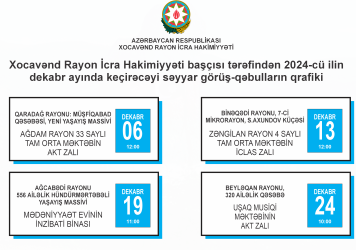 Xocavənd Rayon İcra Hakimiyyəti başçısı tərəfindən 2024-cü ilin dekabr ayında rayon sakinləri ilə keçirilməsi nəzərdə tutulmuş səyyar qəbulların qrafiki