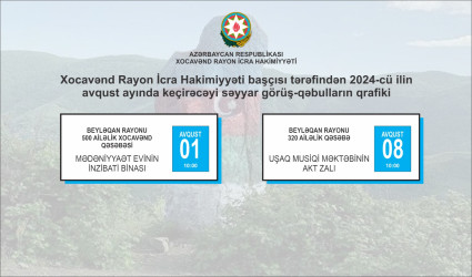 Xocavənd Rayon İcra Hakimiyyəti başçısı tərəfindən 2024-cü ilin avqust ayında rayon sakinləri ilə keçirilməsi nəzərdə tutulmuş səyyar qəbulların qrafiki